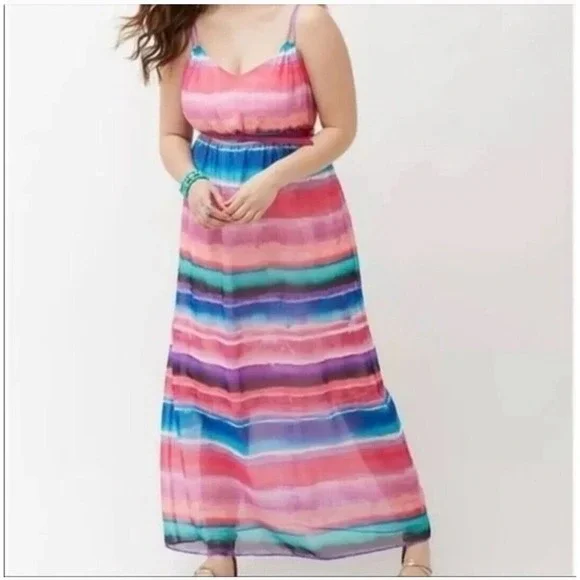 Lane Bryant Size 18/20 Watercolor Chiffon Strappy Striped Colorful Maxi Dress - Picture 1 of 14